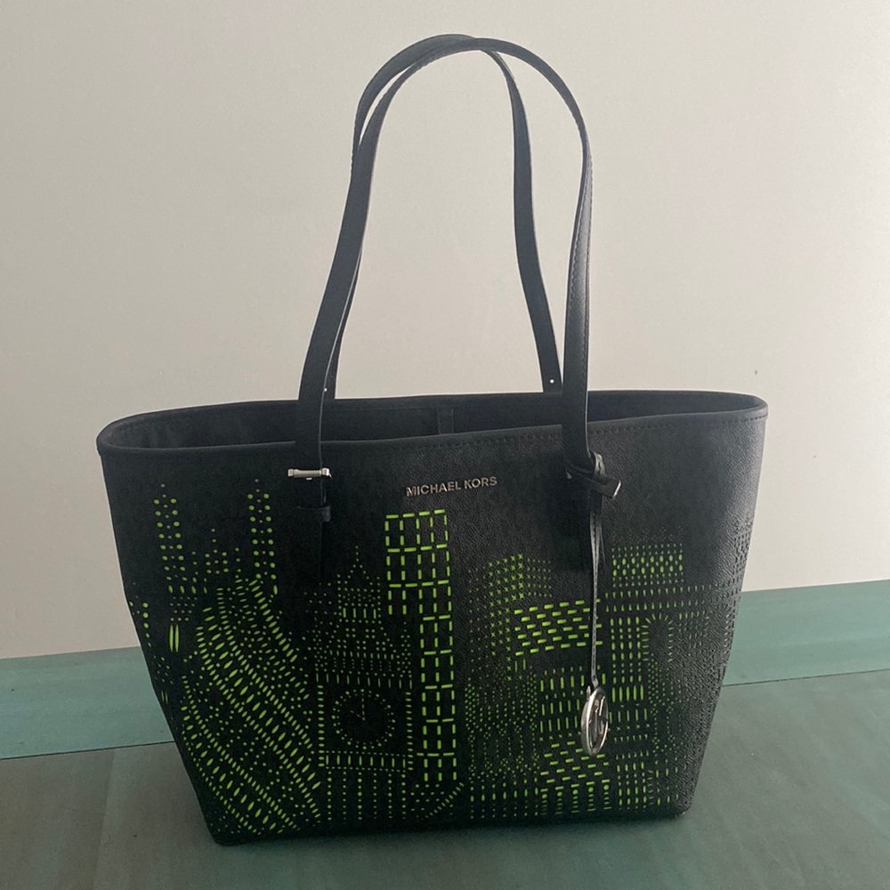 Michael Kors Black and Neon Green Tote Bag